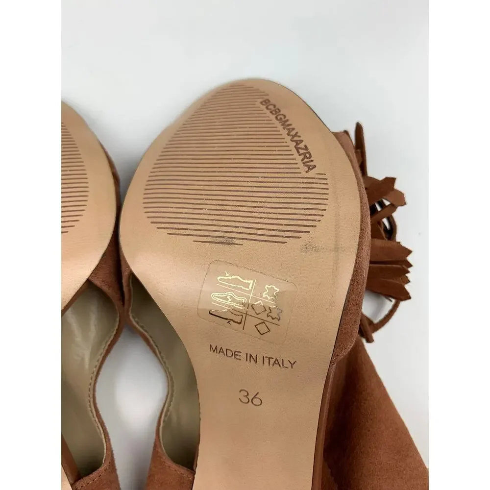 BCBGMaxAzria Brown Suede Heels Booties Open Toe Tassel Lace Up Women's 36 US 6
